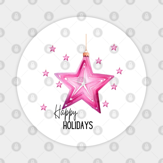 Happy Holidays with Pink Stars and Gold String Magnet by mw1designsart